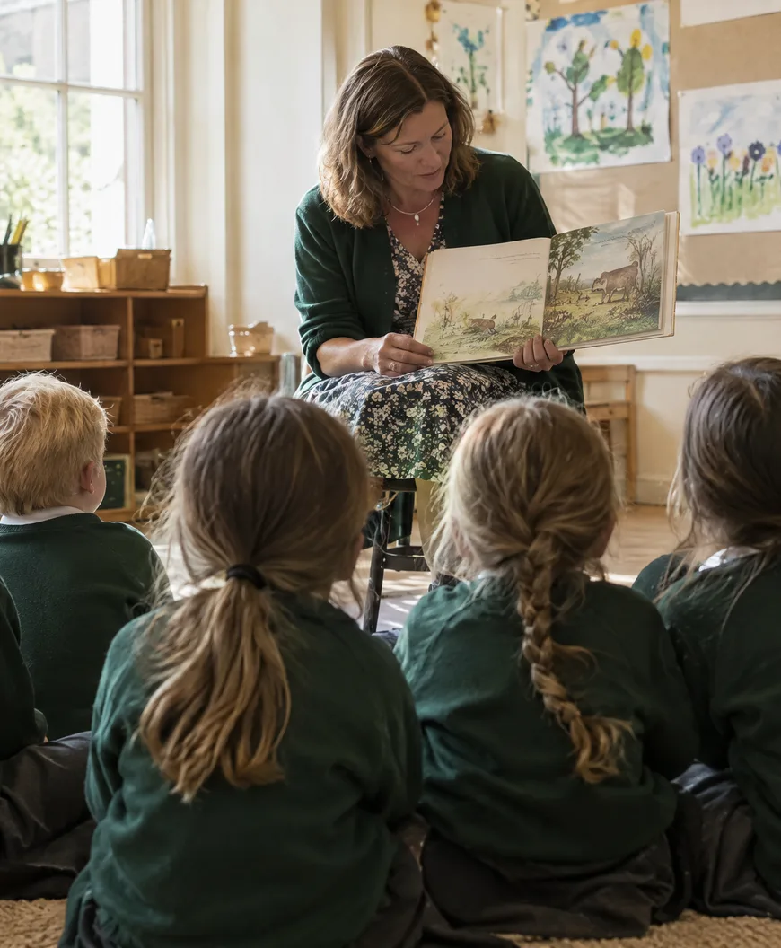 A classroom at Oakridge, a teacher reading to a circle of children on a rug