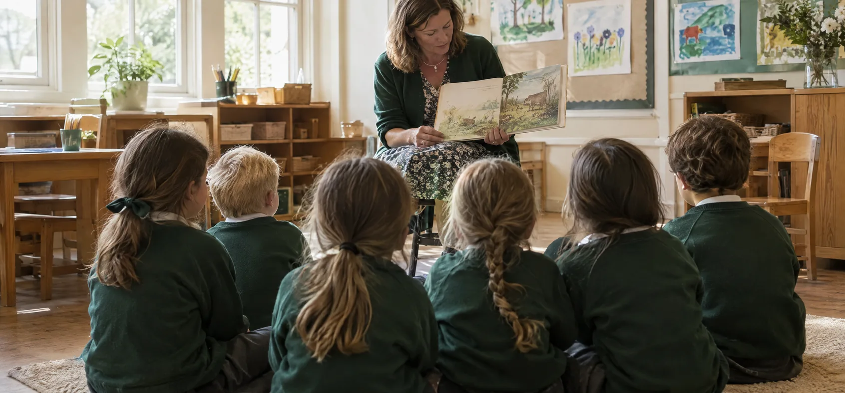 A classroom at Oakridge, a teacher reading to a circle of children on a rug